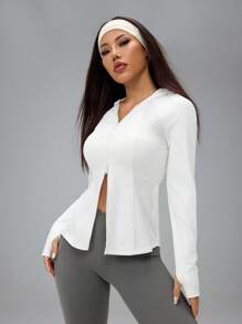 SHEIN PETITE Áo khoác trùm đầu nhẹ cổ khóa kéo màu trơn dành cho nữ, đồ thể thao - trắng - Xem 10