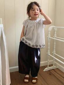 DAZY 2pcs Young Girls Casual Striped Round Neck Shirt & Wide Leg Relaxed Fit Pants Set