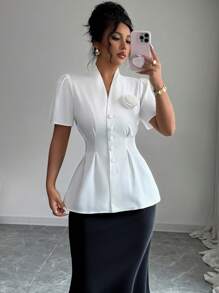 SHEIN Clasi معطف نسائي أنيق، بأكمام منتفخة، خصر مطوي، للصيف - أبيض - مشاهدة 3