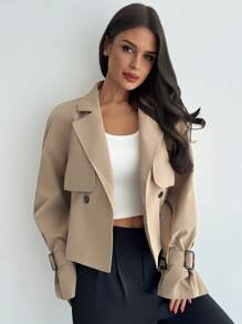 Firerie Casaco Trench Elegante Cáqui Feminino, Jaqueta Casual de Negócios para Escritório no Outono com Cinto, Estilo Old Money, Blazer Cropped de Manga Longa com Decote em V e Cintura, Mistura de Linho - Caqui - Visão 4