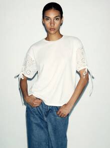 Lumivelle 女士圆领短袖纯色镂空刺绣拼接T恤