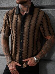 SLATEMANN Men's All-Over Print Front Button Casual Versatile Short Sleeve Shirt - Coffee Brown - View 4