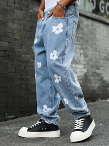 Manfinity EMRG 男士花卉印花口袋宽松休闲牛仔裤 - 淺色水洗藍 - 查看 3