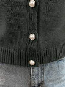 EURMUSE Cárdigan elegante de manga corta con botones dorados - Verde militar - Ver 4