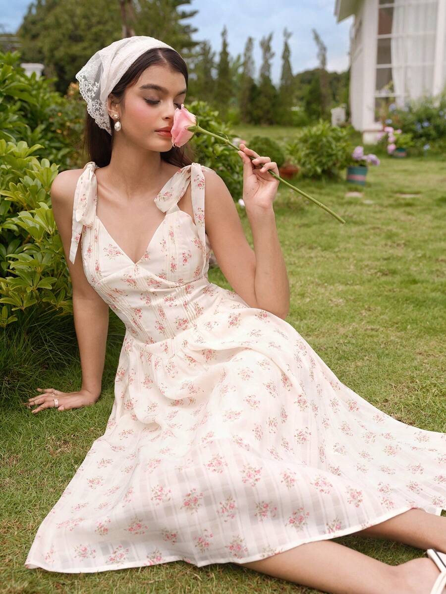 Modelyn Women's Ditsy Floral Tie Shoulder Strap Summer Holiday Dress - White - View 1