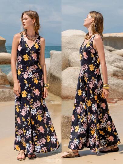 Lumivelle 女士优雅印花无袖V领连衣裙