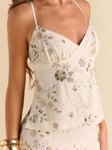 SHEIN BAE 纯色粉彩提花无袖吊带衫，度假风吊带背心，提花上衣，适合春夏穿着 - 杏色 - 查看 7