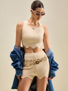 Muvela Stylish Knit Crop Top And Shorts Set For Women Apricot Scalloped Knitwear Outfit