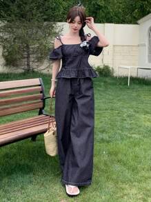 DAZY Women's Summer Casual Sleeveless Denim Shirt And Loose Fit Jeans Pants 2 Pieces Set