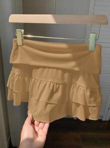 SHEIN Comfortcana 休闲纯色荷叶边下摆迷你裙，夏季 - 卡其色 - 查看 5