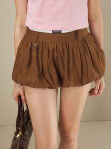 Muvela تنورة قصيرة مع جيوب للنساء، بني، فضفاضة، كاجوال، بنمط زهري منتفخ، تنانير قصيرة عصرية للموسم الدافئ - بني - مشاهدة 5