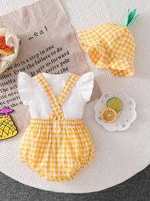 SHEIN 3件套新生女婴格子菠萝连体衣+白色T恤+菠萝叶帽套装，可爱风格适合春夏季 - 黃色 - 查看 2