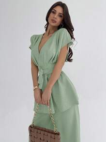 Firerie Bộ trang phục công sở mới thanh lịch & đơn giản, cổ chữ V cài nút, eo cánh dơi & quần ống rộng lưng cao, phong cách cổ điển - Màu xanh Bạc hà - Xem 4