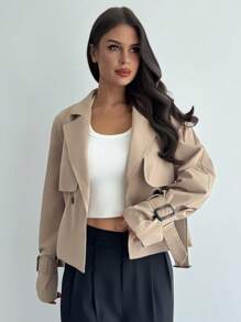 Firerie Casaco Trench Elegante Cáqui Feminino, Jaqueta Casual de Negócios para Escritório no Outono com Cinto, Estilo Old Money, Blazer Cropped de Manga Longa com Decote em V e Cintura, Mistura de Linho - Caqui - Visão 12