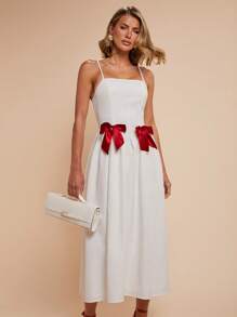 COSMINA 女士优雅度假蝴蝶结吊带连衣裙，春夏女士白色连衣裙，女士生日礼服 - 紅白色 - 查看 3