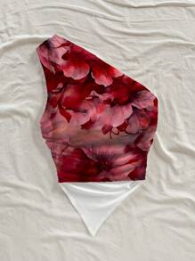 Soleia 女士花卉印花不对称领口和下摆褶饰上衣 - 乾枯玫瑰色 - 查看 2