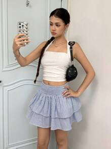 SHEIN Teen Girl Casual Minimalist Comfortable Striped Ruffle Hem Short Skirt