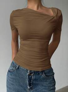 Siren Gaze Elegant Asymmetric Collar Short Sleeve T-Shirt, Summer New Design Slim Fit Casual Top For Women