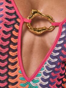 MUSERA 女士纹理图案针织长袖镂空修身长款连衣裙，适合伊比沙岛度假海滩，条纹优雅夏季长裙 - 彩色 - 查看 6