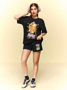 SCOOBY-DOO X SHEIN 女士卡通图案抽绳腰口袋夏季休闲短裤