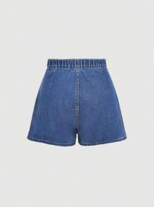 SHEIN Tall CURVE 大码女式蓝色水洗牛仔短裙，夏季度假牛仔西部风女装，商务休闲，适合节日、机场、毕业典礼、7月4日独立日等场合，高腰短裤，适合俱乐部、欧洲夏季、生日、办公室、情人节等场合。 - 藍色 - 查看 2