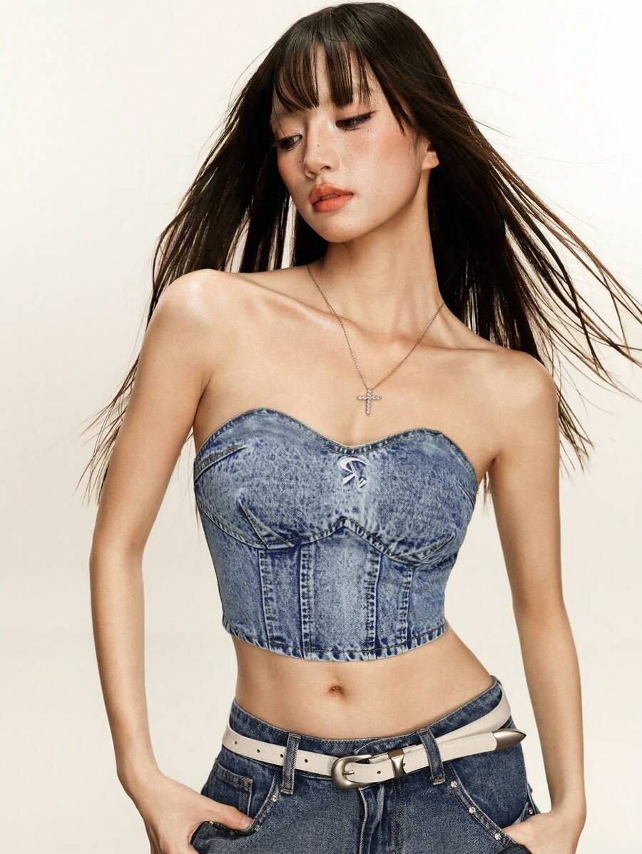 INAWLY 夏季修身性感短款牛仔抹胸 - 淺色水洗藍 - 查看 1