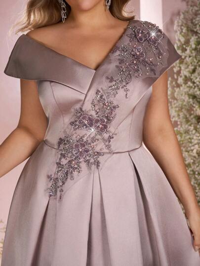 Aureia Plus Size Spring And Summer Elegant Gorgeous Romantic Champagne Satin Asymmetrical One Shoulder Luxury Faux Pearl Sequins Applique Design Fluffy Oversized Dress Suitable For Dinner Bachelorette Party Dating Dance Vacation Homecoming Season Graduation Season Wedding Event Prom Dress Vintage Dress