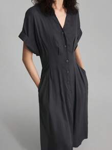 Ontre 2025新款女士纯色V领蝙蝠袖褶裥单排扣休闲连衣裙，优雅夏季中长连衣裙，毕业礼服，度假海滩音乐节休闲连衣裙，圣诞节服装，秋冬新年服装 - 藏蓝色 - 查看 4