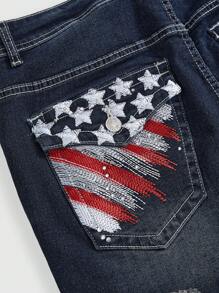 ROMWE J-Fashion Shorts vaqueros slim fit de talle bajo con bordado de bandera americana, estilo vintage y streetwear "Y2K" para mujer de talla grande, para el 4 de julio