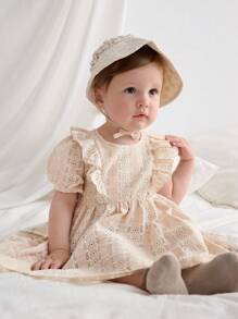Cozy Pixies Baby Girl Jacquard Knitted Round Neck Ruffle Trim Waist Dress - Apricot - View 6
