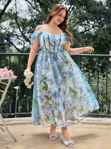 SHEIN MOD 加大码蓝色花卉数码印花露肩中长连衣裙，宫廷风格。女士夏装。花园派对礼服，女士生日礼服，女士节日服装，女士连衣裙 - 彩色 - 查看 11