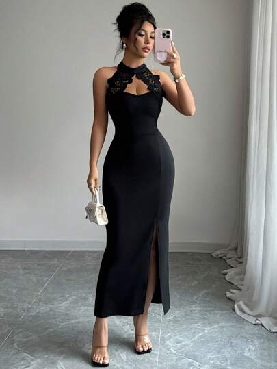 Selianne 优雅迷人的束腰蕾丝镂空提花长款修身连衣裙，夏季女士