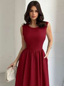 Firerie Women's Blue Waist Gathered A-Line Long Dress, Suitable For Valentine's Day, Concerts, Performances, Dates, Banquets, Balls, Weddings, Sexy, Elegant, Commuting, Back To School, Vacation, Beach, Romantic