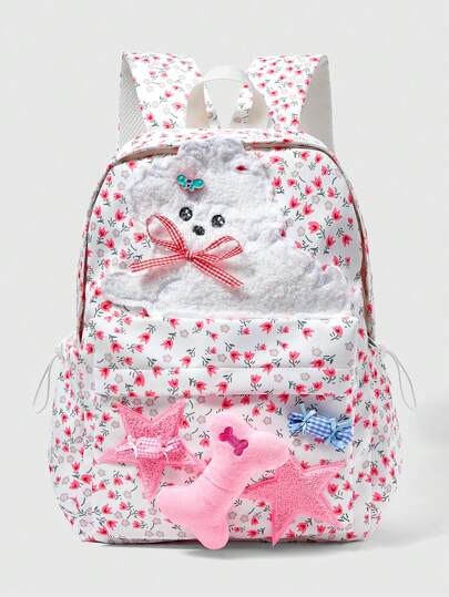 Kawaii Y2K Kawaii High-Capacity Backpack With Plush Puppy & Star - All-Over Ditsy Floral School Bag For Teens, Cute Travel Backpack With Candy Bone Decor, For Back To School