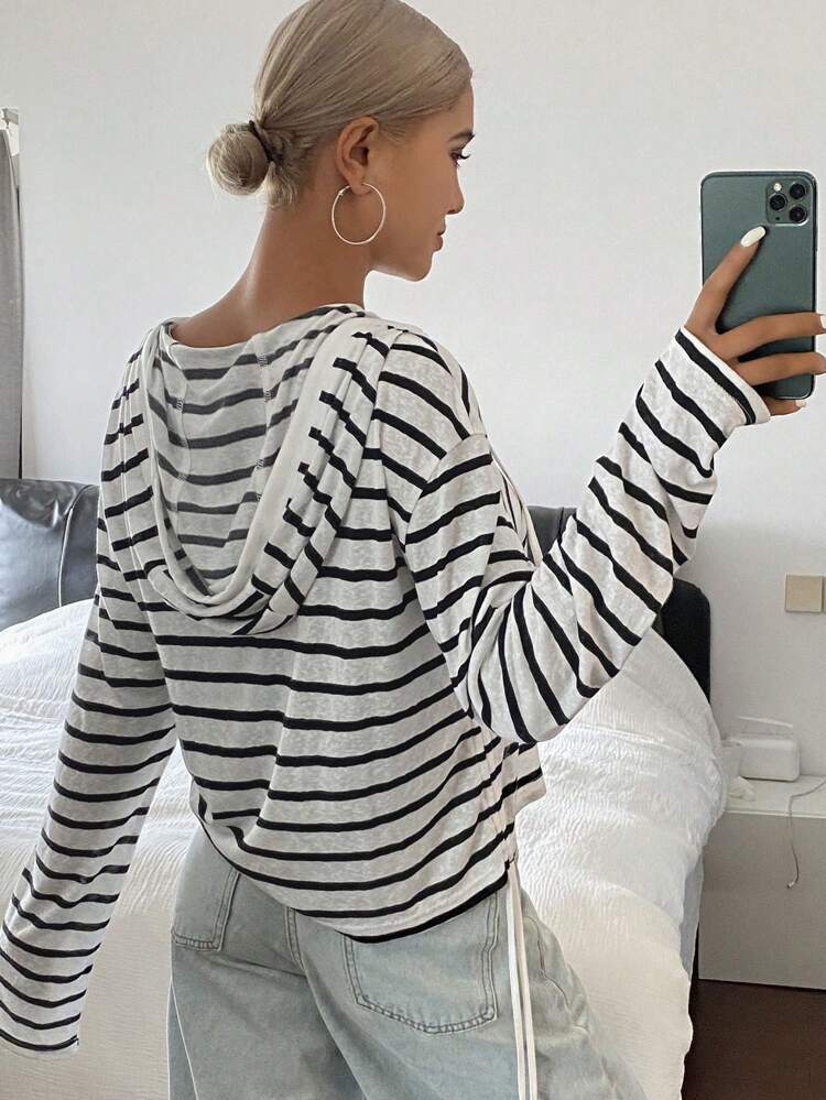 Stripe Print Hooded Tight Casual Summer Women Top T-Shirt Long Sleeve Women Tops