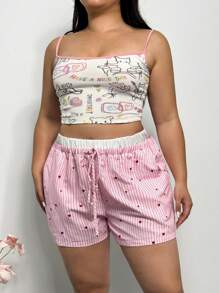 Firerie Plus Size Women Casual Loose Shorts With Elegant Color Blocking, Heart Stripes Print, Suitable For Spring/Summer, Vacation & Home, Comfy - Pink - View 8