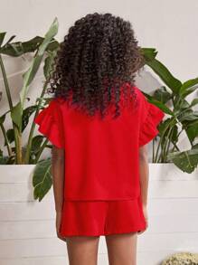 SHEIN Tween Girl Ruffle Trim Flounce Sleeve Top & Shorts - Red - View 3