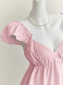 Elamini Top court bleu voluptueux avec encolure dégagée, sans manches et volants pour fille