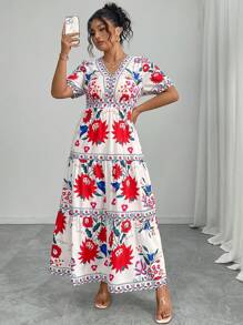 Elenzga Plus Size Women's French Romantic Floral Print Casual Short Sleeve Summer Dress - Multicolor - View 6