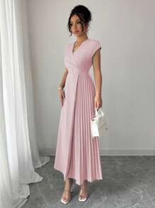 Elenzga 女士优雅简约交叉 V 领褶饰腰部飘逸下摆长裙，落肩袖，适合通勤、办公室、休闲、度假、下午茶，纯色 - 粉色 - 查看 5
