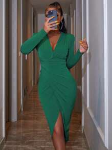EURMUSE Plunging Neck Wrap Hem Bodycon Dress - Green - View 1