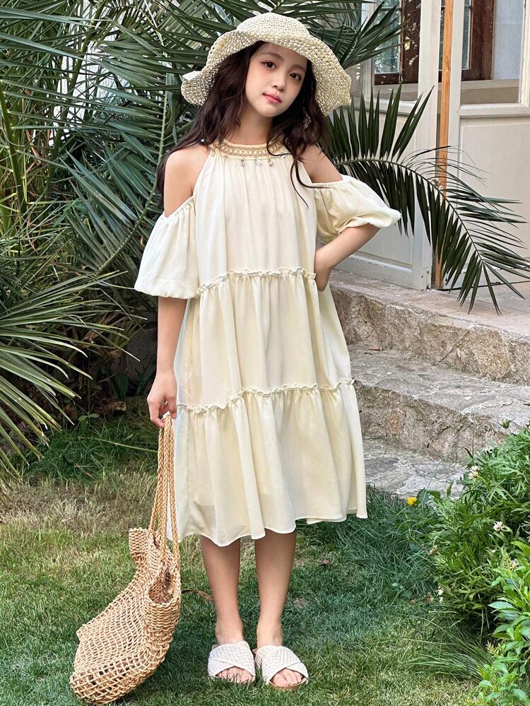 Tween Girls' Vacation Solid Color Contrast Shell Trim Off-Shoulder Flutter Sleeve Loose Frill Trim Dress,Girls Summer Outfits,Back To School Clothes