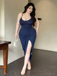 Vibekara Plus Size Solid Cross Front Slit Strap Dress