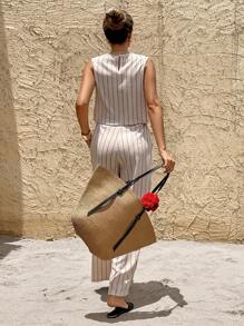 SHEIN Frenchy Women's Striped Crew Neck Sleeveless Top And Shorts 2 Pieces Set, Casual For Summer