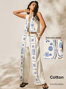 Easelle 两件套假日套装刺绣上衣背心长款 - 白色 - 查看 7