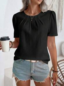 SHEIN LUNE 女士休闲纯色圆领短款泡泡袖褶皱衬衫，夏季