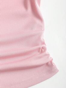 Sweetra Set de 2 piezas de pantalones rectos de cintura elástica y blusa de manga corta con botones de punto acanalado informal a juego para mujer - Rosa - Ver 7