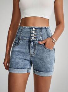 SHEIN EZwear سروال جينز قصير أنيق للسيدات مزود بجيوب وأزرار - أزرق متوسط - مشاهدة 4