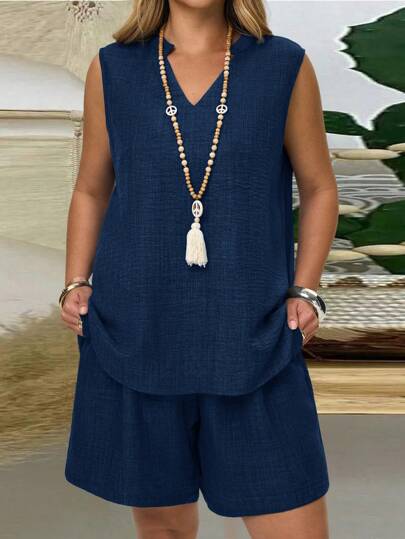 EMERY ROSE Plus Size Women Summer Solid V-Neck Sleeveless Top And Shorts 2Pcs Casual Set,Two Piece Set Women