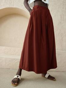 Ontre 女士纯色褶皱休闲阔腿裤，适合度假、假日、商务休闲、波西米亚风格、秋季 - 鏽棕色 - 查看 2